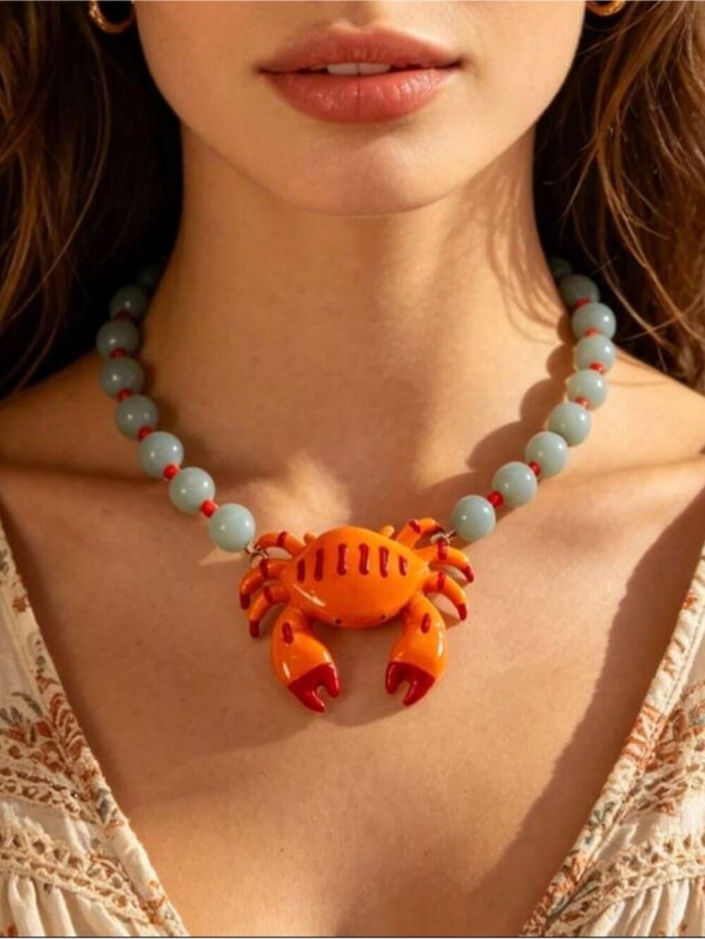 Orange Crab Statement Necklace - Summer Beach Women Jewelry